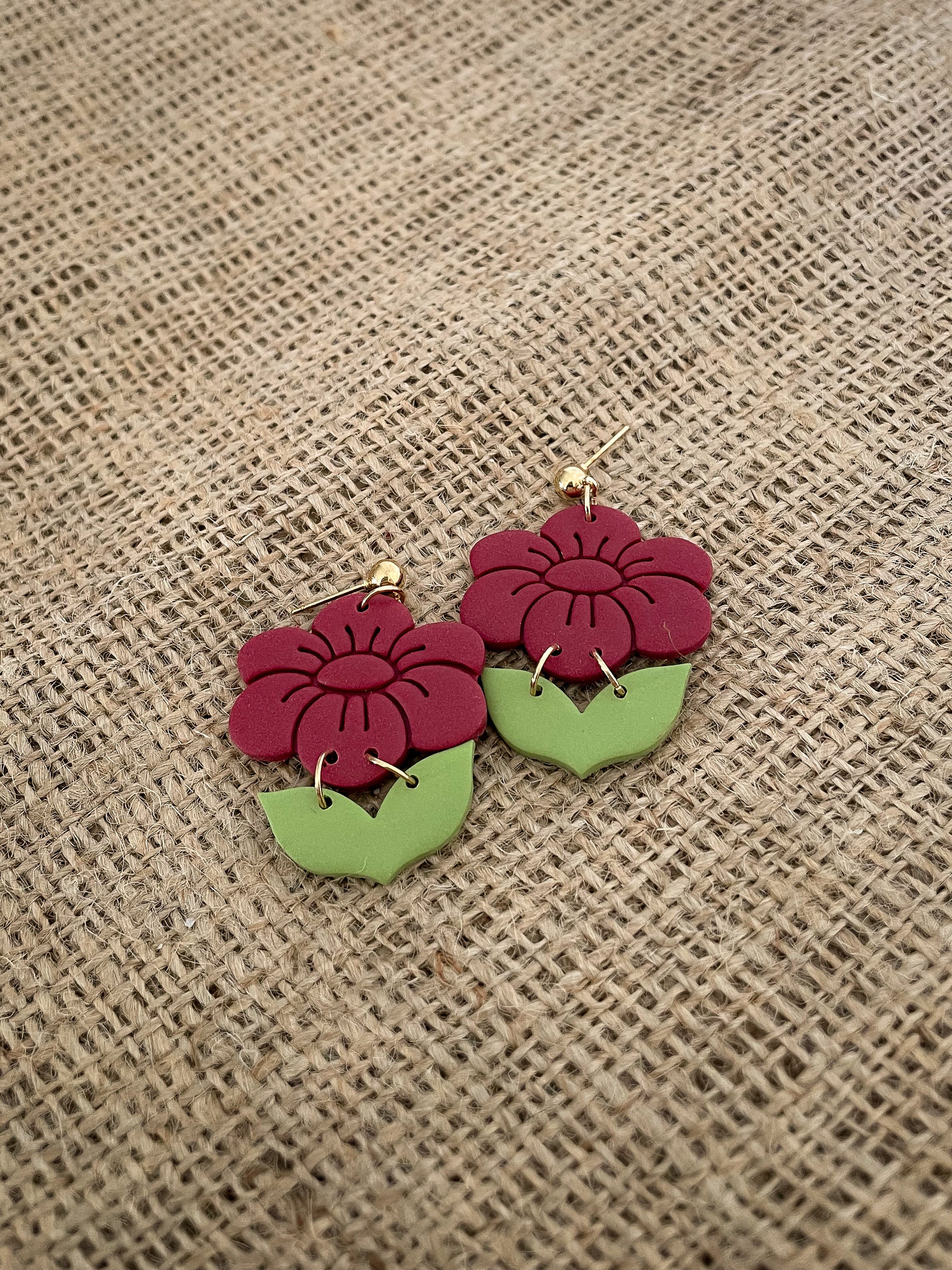 Burgundy Flower Dangly Earrings