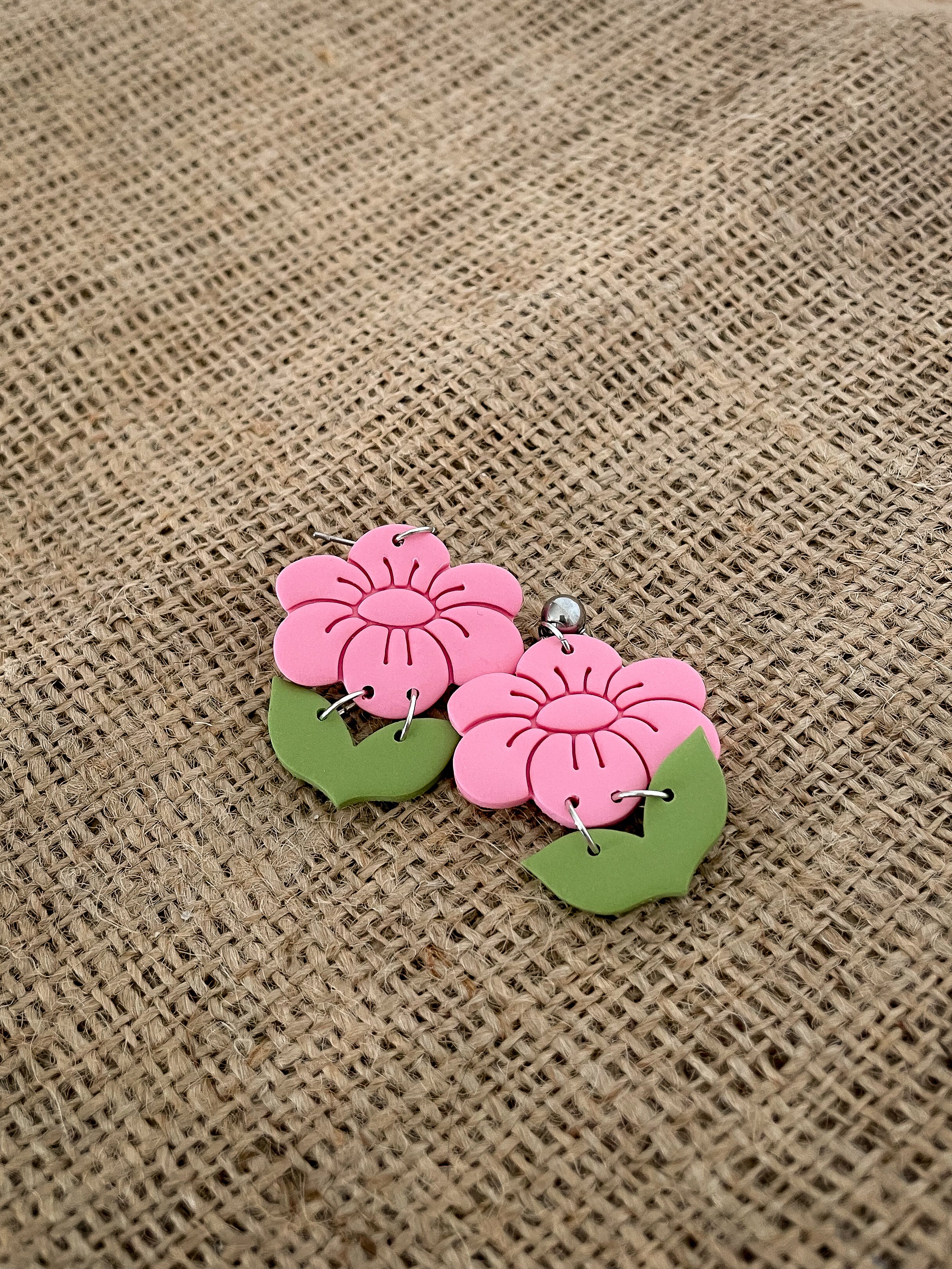 Pink Flower Dangly Earrings